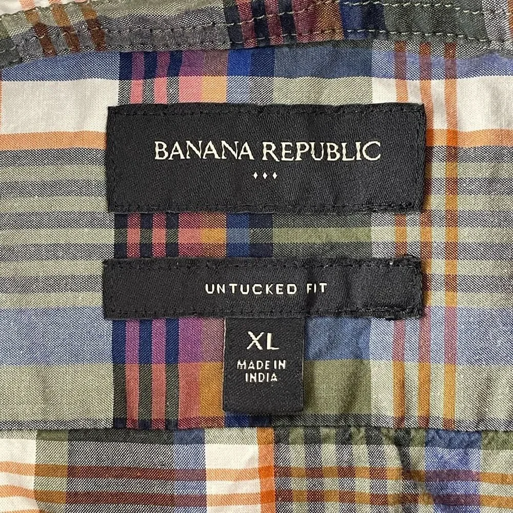 Banana Republic‎ Shirt Men XL Madras Plaid Untucked Long Sleeve Preppy Office